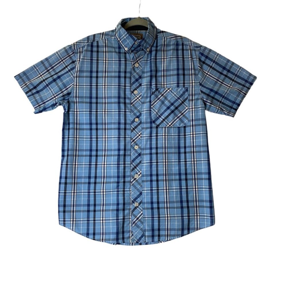CE Schmidt Workwear Men Blue Plaid Button Front Short Sleeve‎ Shirt Sz Medium